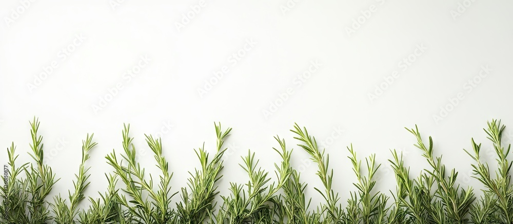 Poster vibrant green rosemary twigs arranged against a soft white background highlighting their unique text