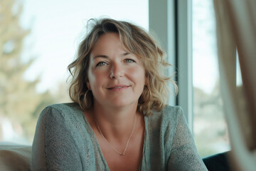 A woman of about 40 years old, a bit curvy, smiling, sitting on the sofa at home
