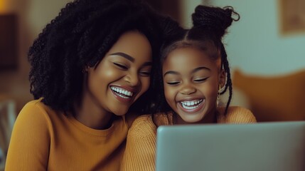 Joyful mother and daughter share a happy moment while using a laptop at home