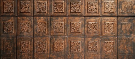 Intricate wooden panels featuring carved Hangul characters, arranged in a structured grid pattern with warm brown tones and textured surfaces.