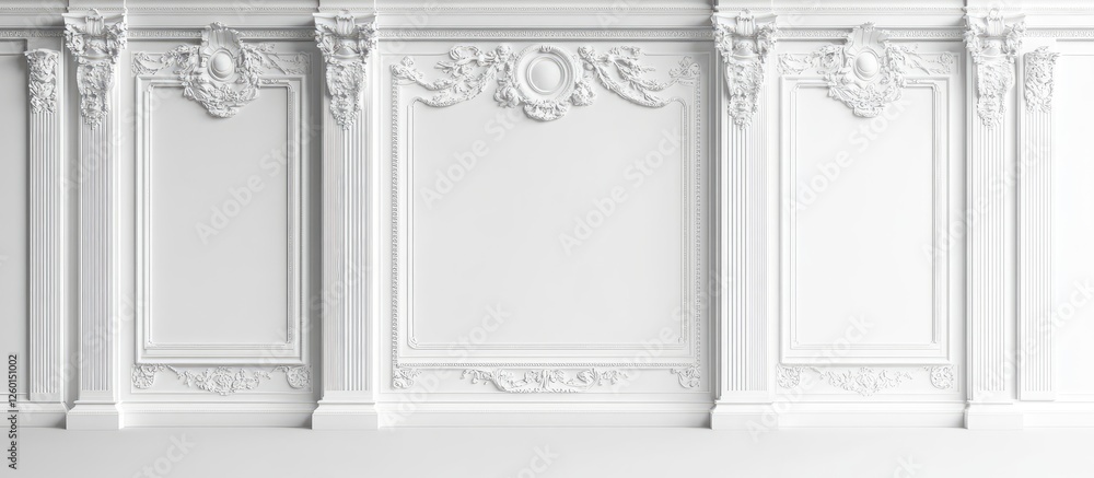 Leinwandbilder Ornate white wall paneling with intricate details and a minimal design creating a refined elegant backdrop for artwork display or framing purposes.