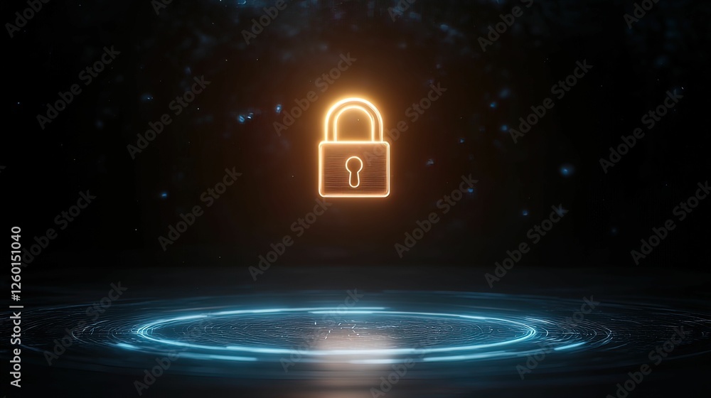Poster a glowing padlock symbol floating above a circular platform, surrounded by a dark, starry background