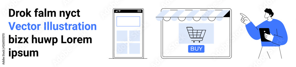 Aufkleber smartphone displaying app, online storefront with cart icon and buy button, person pointing with cli