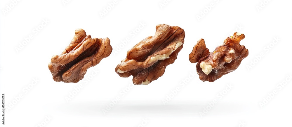 Poster peeled walnut kernels in warm brown tones floating against a clean white background showcasing healt