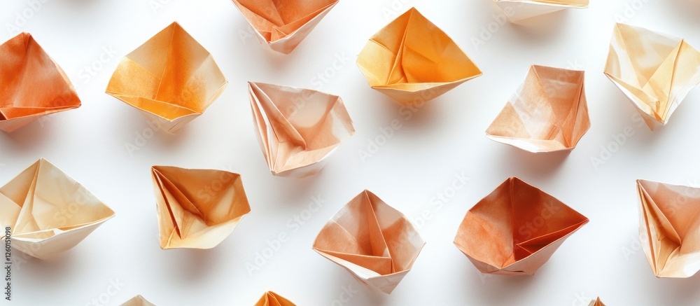 Aufkleber Array of assorted origami boats in warm tones of orange and beige on a clean white background, creating a harmonious and artistic composition.