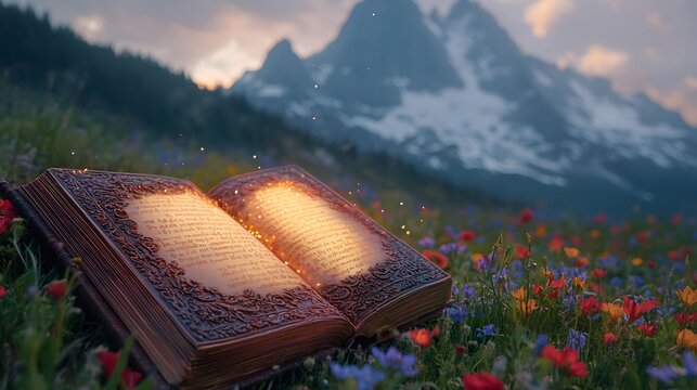Open antique book resting in a vibrant mountain meadow
