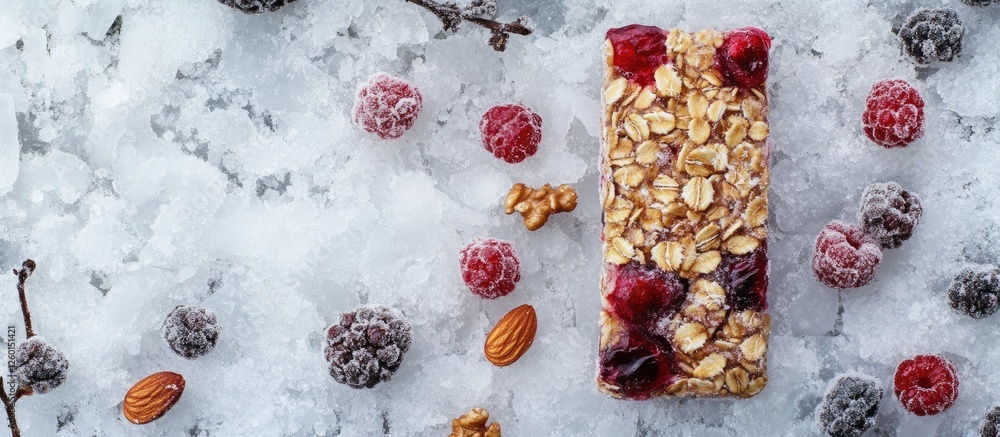 Poster healthy granola bar topped with nuts and berries on a textured white stone surface with scattered fr