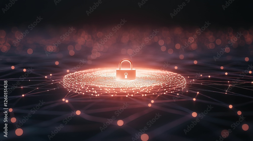Poster a glowing padlock symbolizing cybersecurity amidst a digital network of interconnected nodes and lig