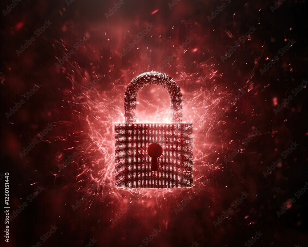Poster a glowing red padlock surrounded by sparks, symbolizing security and protection in a digital context