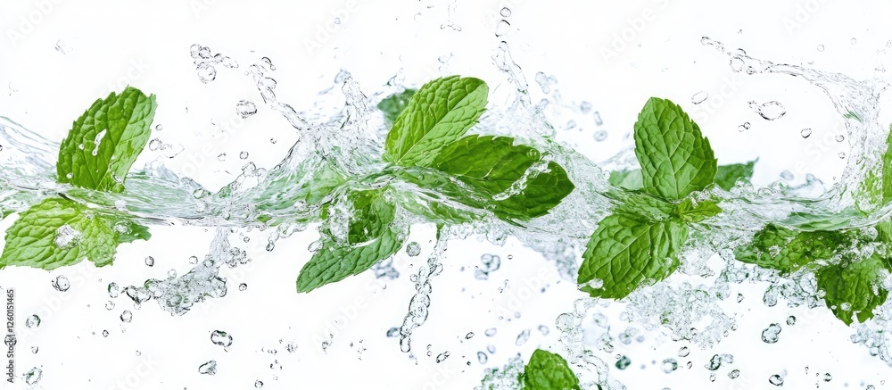 Poster vibrant fresh mint leaves splashing into clear water against a pristine white background illustratin