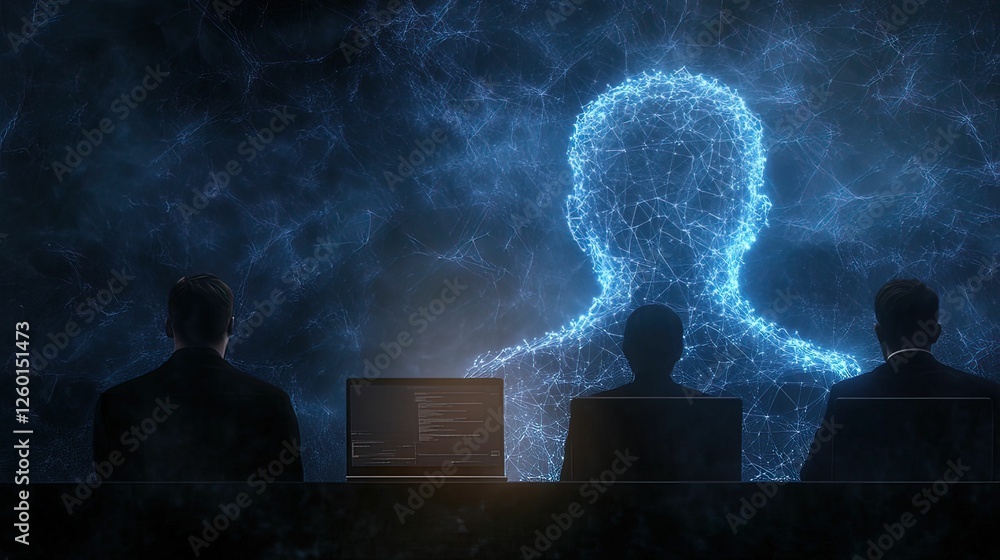 Poster a digital silhouette of a person is projected against a dark background, with three figures sitting 