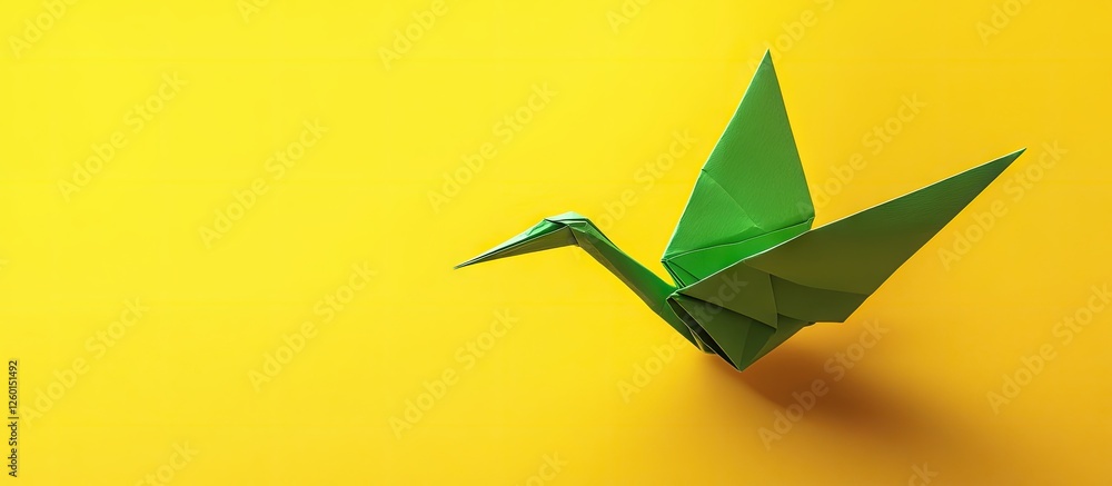 Poster green origami paper crane positioned on the right side against a vibrant yellow background creating 