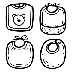 Set of bibs for baby. Hand drawn doodle. Breastplate. Feeding a small child. Textile item bib. Childhood. Vector line art illustration.