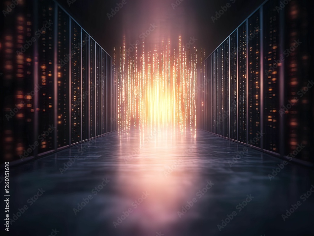 Poster a futuristic corridor illuminated by glowing particles, leading to a bright source of light, surroun