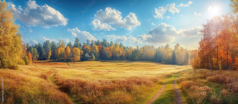 Poster autumn landscape panorama featuring a golden meadow with a winding path leading into a vibrant fores