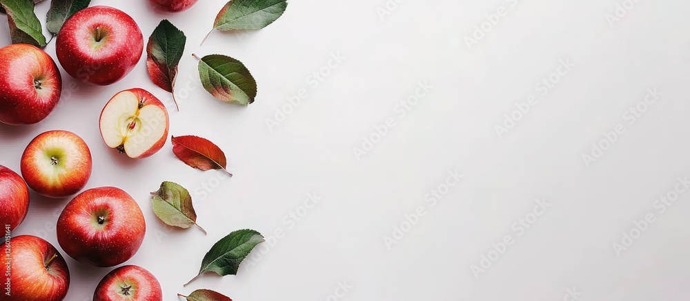 Poster fresh red apples scattered on a white background with green leaves, showcasing whole and sliced appl