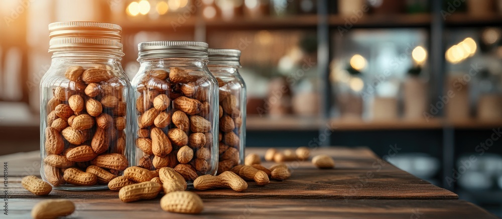 Poster Glass jars filled with peanuts arranged on a rustic wooden table with scattered nuts and a warm bokeh background emphasizing organic textures and colors.