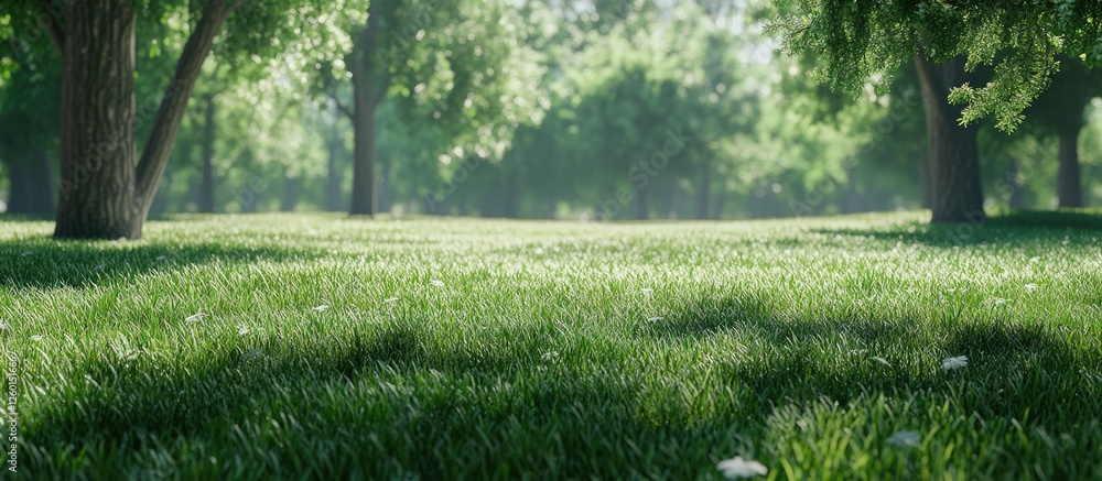 Aufkleber lush green lawn in a serene park scene with trees in soft focus, creating a peaceful outdoor atmosph