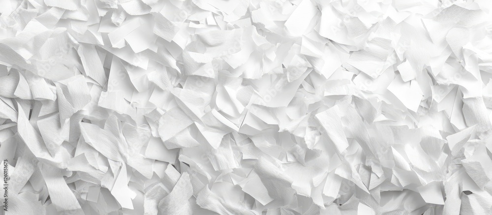 Poster white textured background of shredded recycled office paper piled densely, featuring various shades 