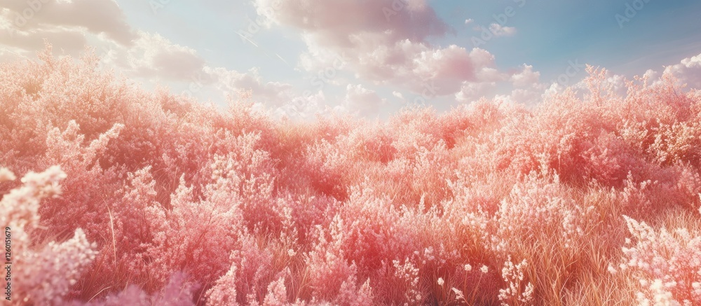 Poster vibrant field of pink wildflowers illuminated by soft sunlight with fluffy clouds above creating a s