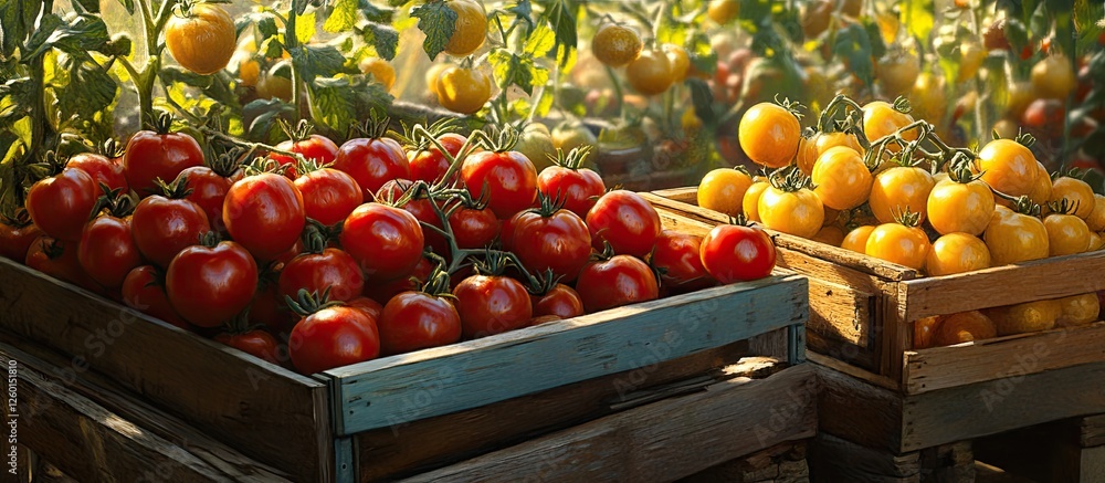 Poster bountiful harvest of vibrant red and yellow tomatoes in wooden crates surrounded by green foliage un