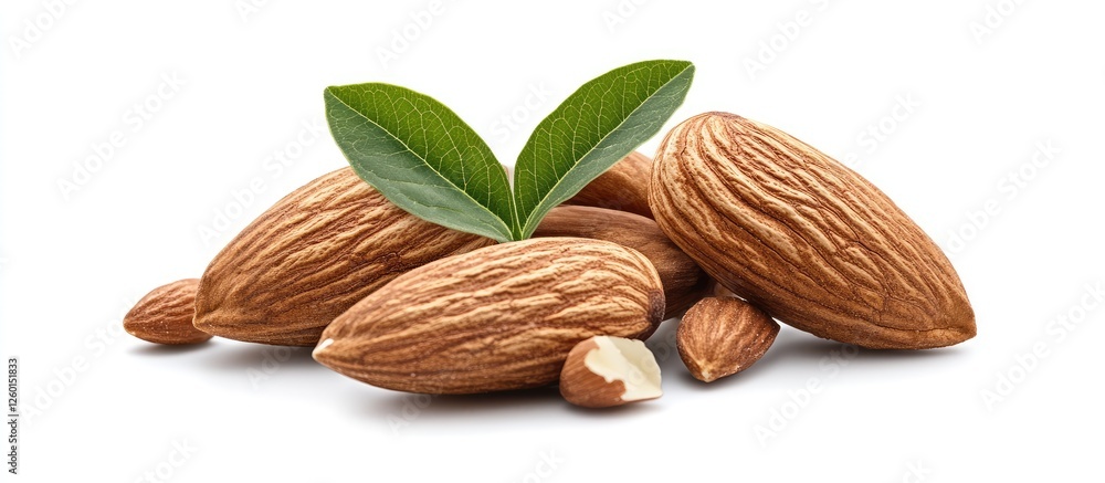 Aufkleber almonds scattered on white background with green leaves positioned on top showcasing their natural t