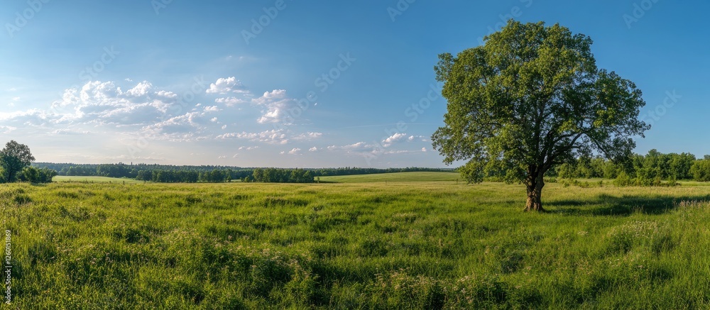 Poster lush green tree on a vibrant green meadow under a clear blue sky with scattered clouds in the backgr