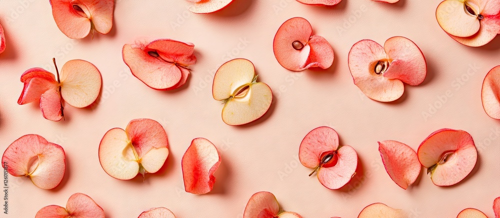 Poster dried apple chips scattered on a soft pink backdrop with beige tones emphasizing the natural texture
