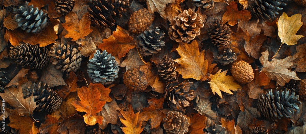 Poster autumn flat lay with vibrant orange yellow and brown leaves scattered among pine cones on a dark tex