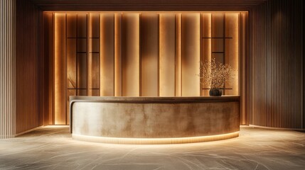 Fototapeta premium High-end wooden cabinet with built-in ambient lighting, blank background for branding.