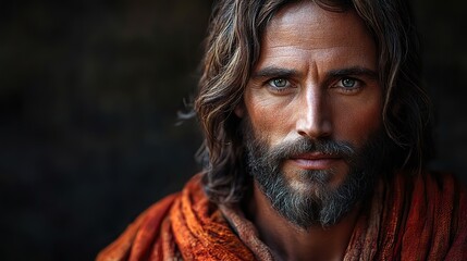 jesus christ portrait on black background horizontal banner with copy space