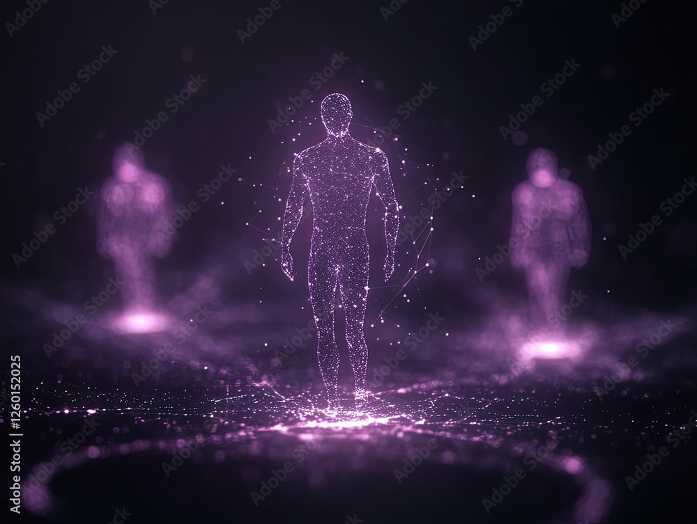 Aufkleber a futuristic digital representation of three human-like figures, glowing with purple light and conne