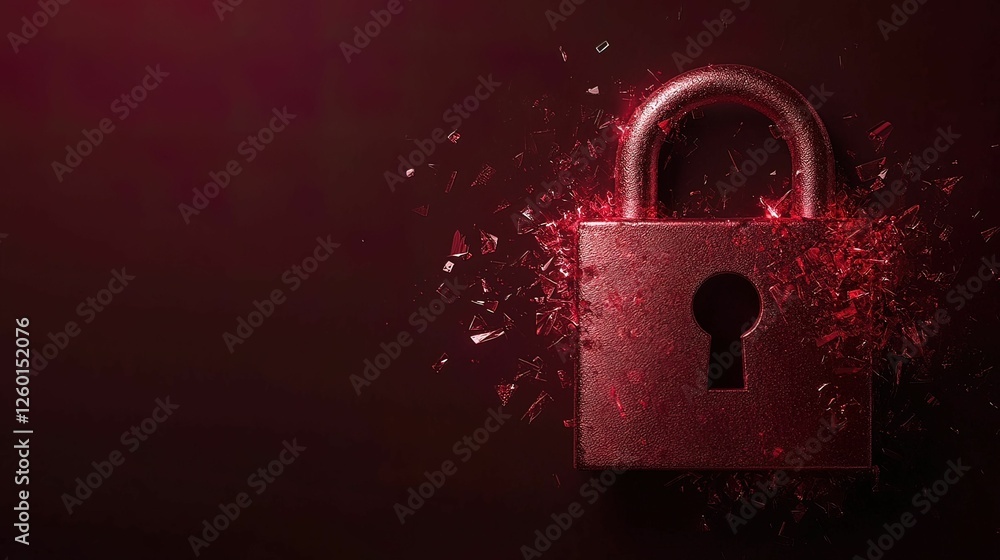 Poster a glowing red padlock on a dark background, symbolizing security and protection, with shimmering par