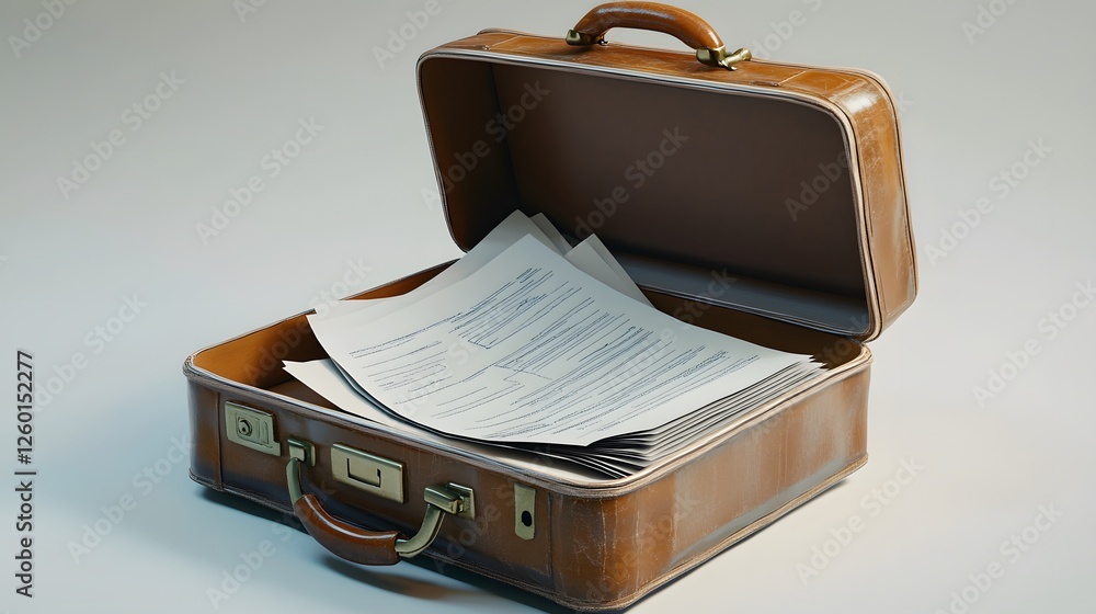 Poster a briefcase with papers inside of it on a table