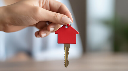 hand holding red house shaped keychain with key symbolizes home ownership and new beginnings. This evokes feelings of excitement and anticipation for new home