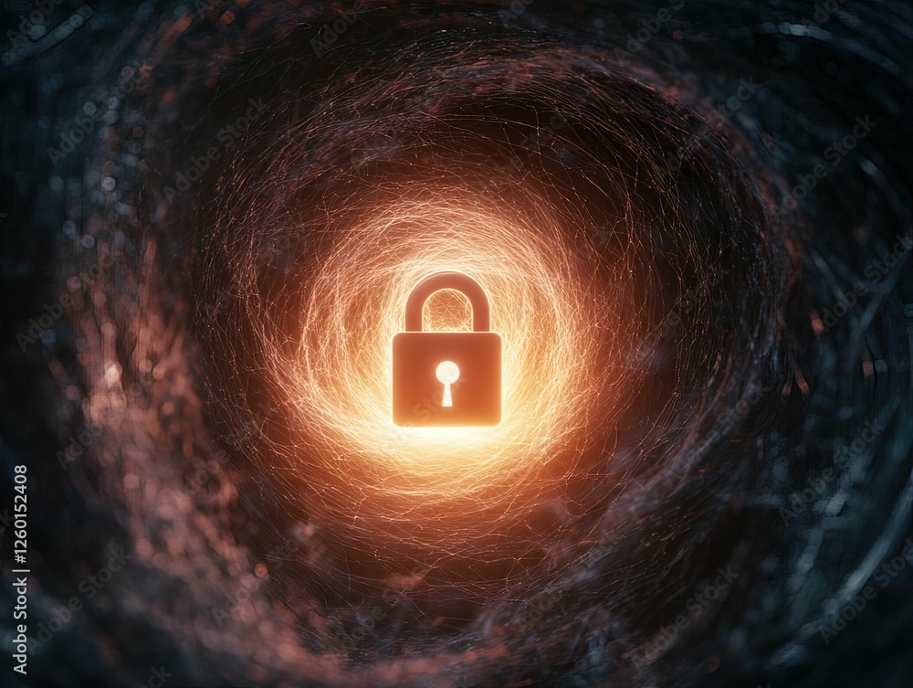 Poster a glowing lock symbol encircled by a swirling cosmic vortex, representing security in a digital univ