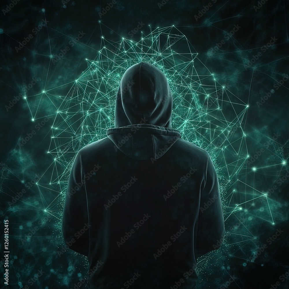 Poster a mysterious figure in a hoodie stands against a digital backdrop of connected nodes, symbolizing te