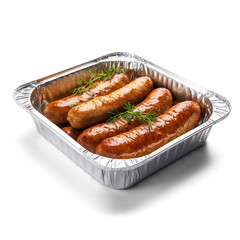 Cooked Sausages in Foil Tray with Dill Garnish