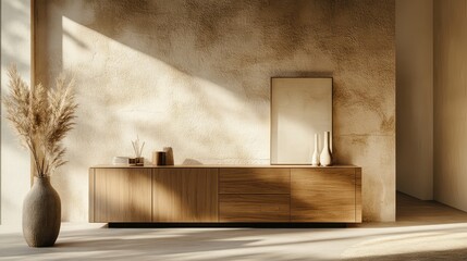 Modern dresser-style cabinet in a loft apartment, soft lighting, textured walls with copy space.