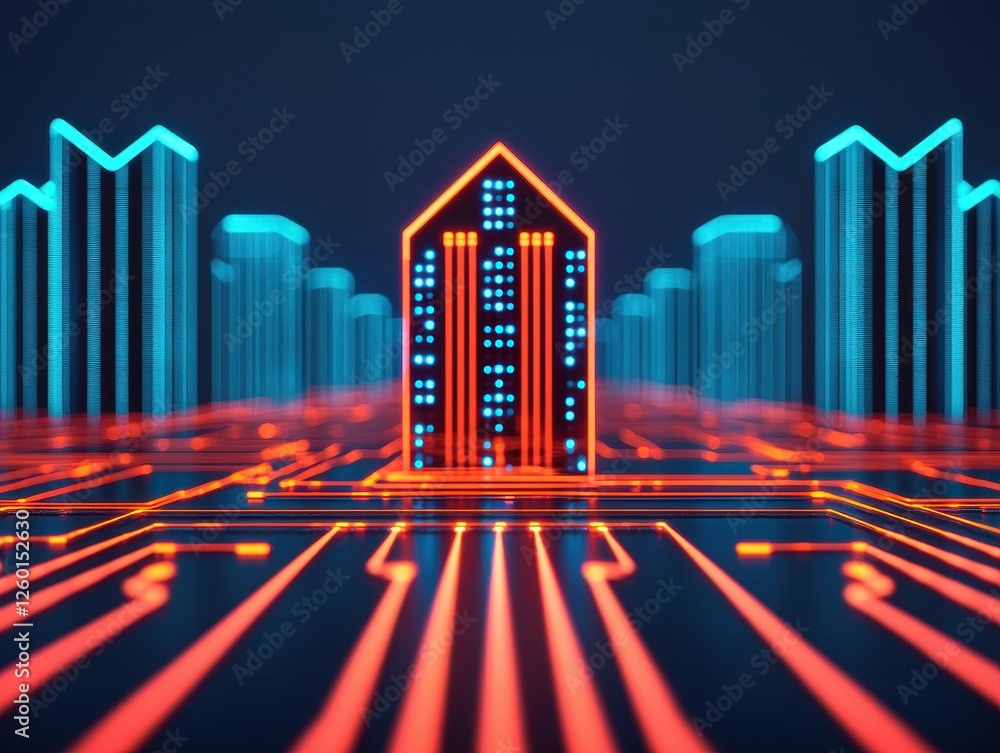 Poster a futuristic digital cityscape featuring a glowing building amidst a network of illuminated circuits