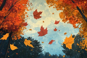 Colorful autumn leaves falling gracefully from trees against blue sky