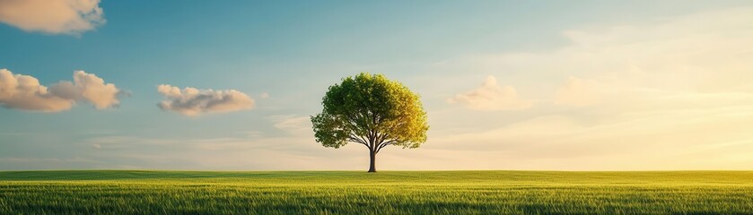 Fototapeta premium Lone tree in a vibrant green field under a clear blue sky at sunset.