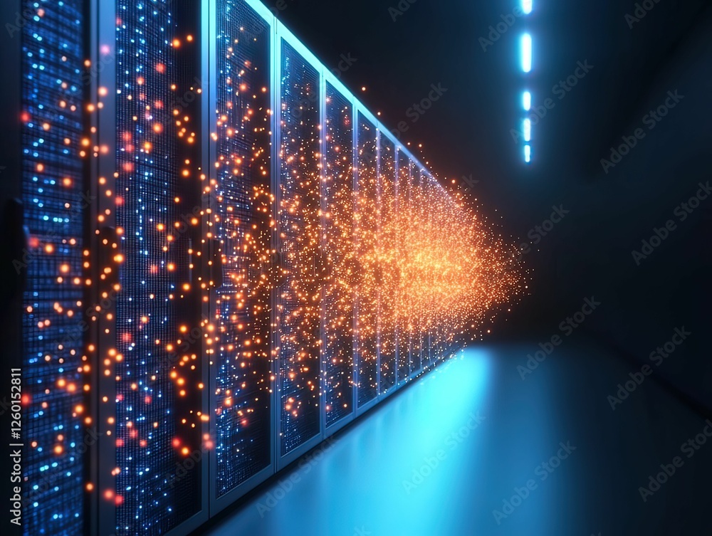 Poster a futuristic data center with glowing servers and dynamic particles flowing through, symbolizing ene