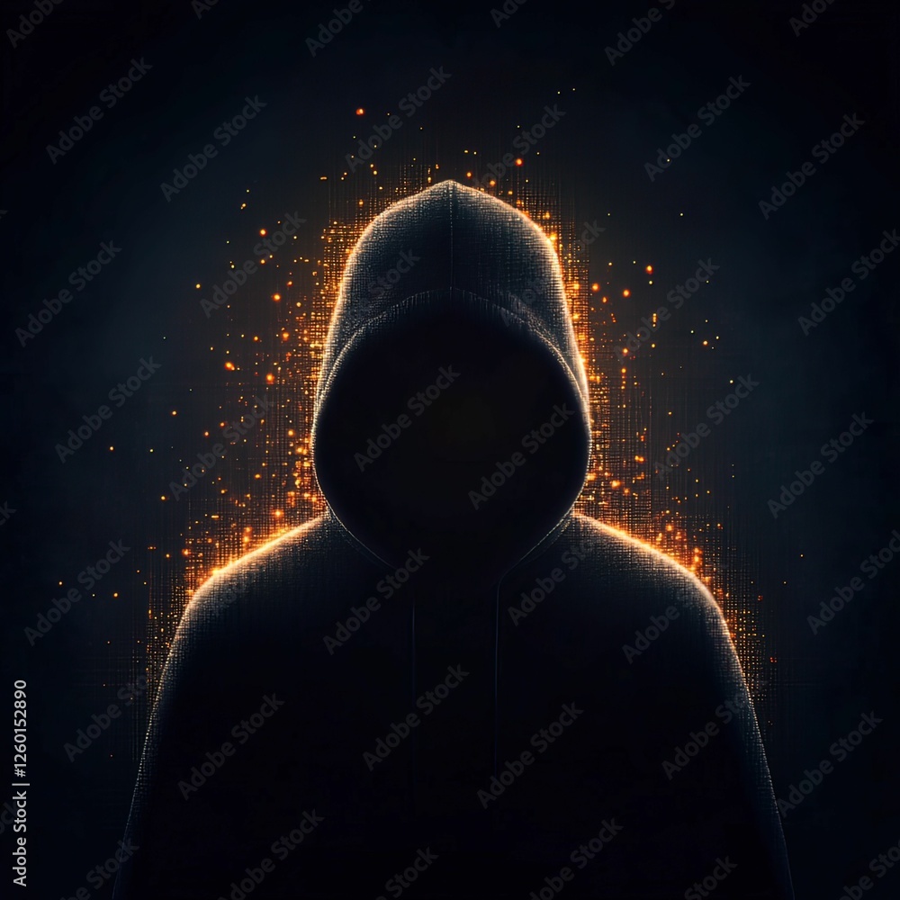 Poster a mysterious figure in a hooded sweatshirt is illuminated by glowing particles, creating a dramatic 