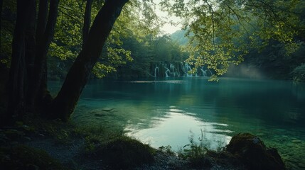 Obraz premium Serene forest lake, cascading waterfall, mist, nature
