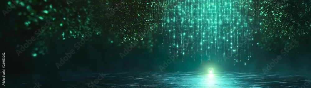 Poster a mesmerizing scene of shimmering green light cascading down onto a tranquil surface, creating a soo