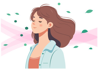 Flat style illustration. A woman is taking a deep breath of fresh air. Her face looks very refreshed.