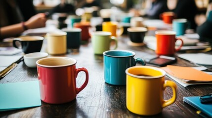 Colorful Coffee Mugs On A Wooden Table During A Meeting