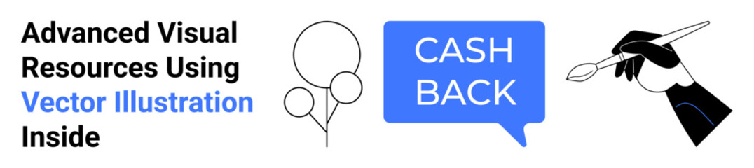 Hand with paintbrush, balloons, cashback text in speech bubble. Ideal for promotions, finance, art, creativity, advertising, marketing social media flat landing page banner