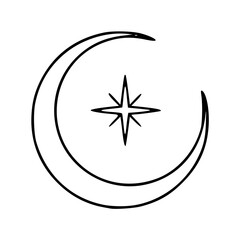 a line art drawing of a crescent moon with star for design element